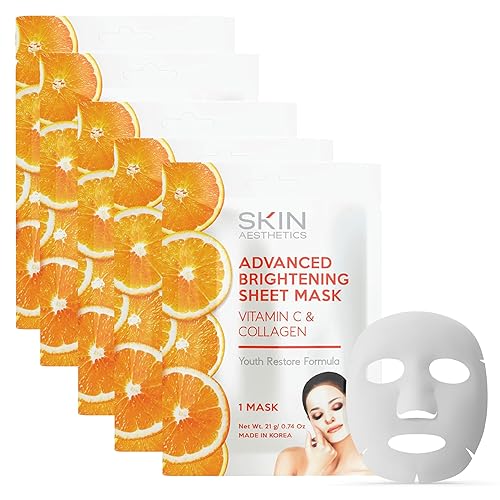 Skin Aesthetics Vitamin C & Collagen Sheet Face Mask - Reduces Wrinkles & Age Spots, Hydrating - Dermatologist Tested Korean Skincare - Clean Beauty
