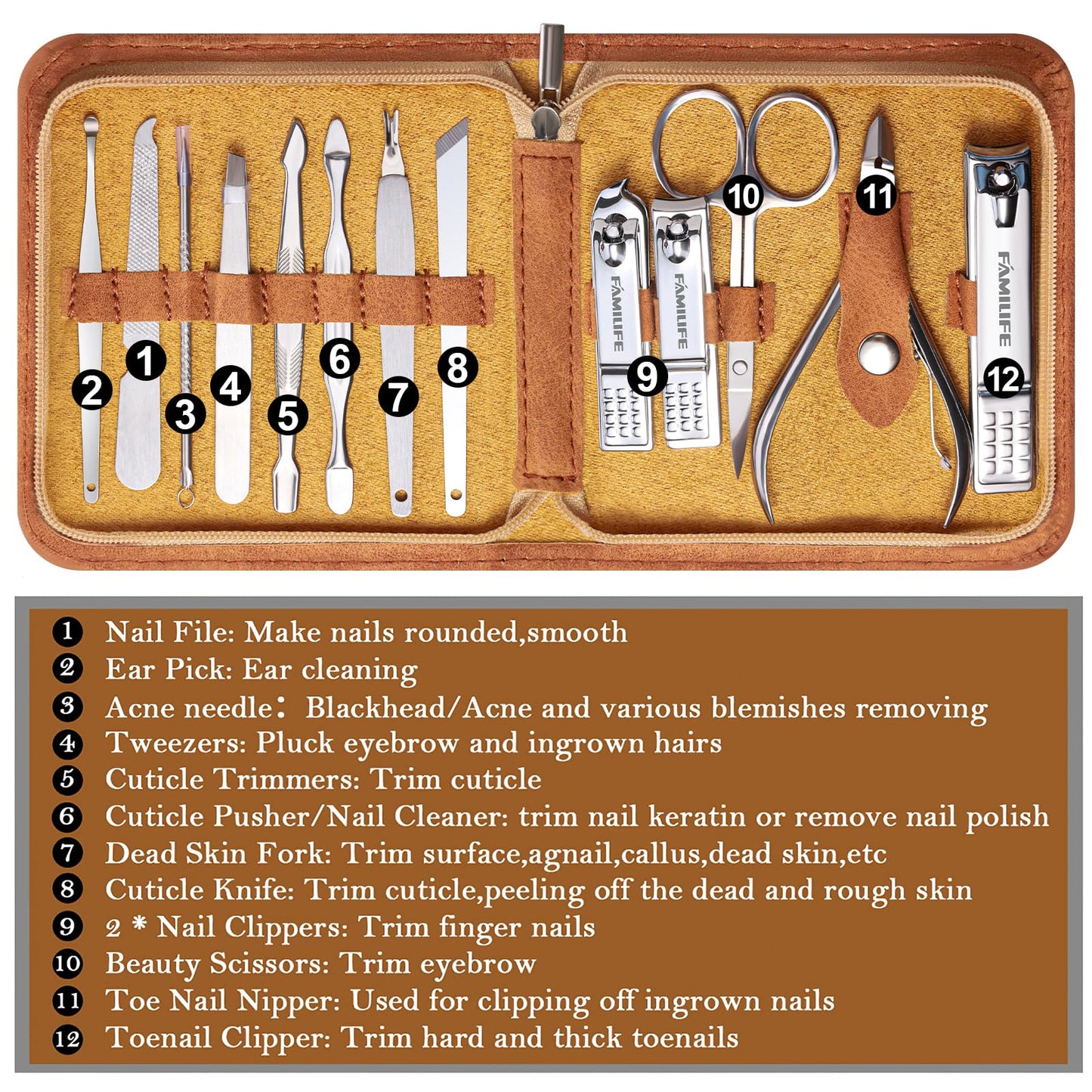 FAMILIFE Manicure Set, Nail Professional Kit Manicure Kits Nail Clipper Sets, 13PCS Stainless Steel Pedicure Sets Mens Grooming Tool, with Brown