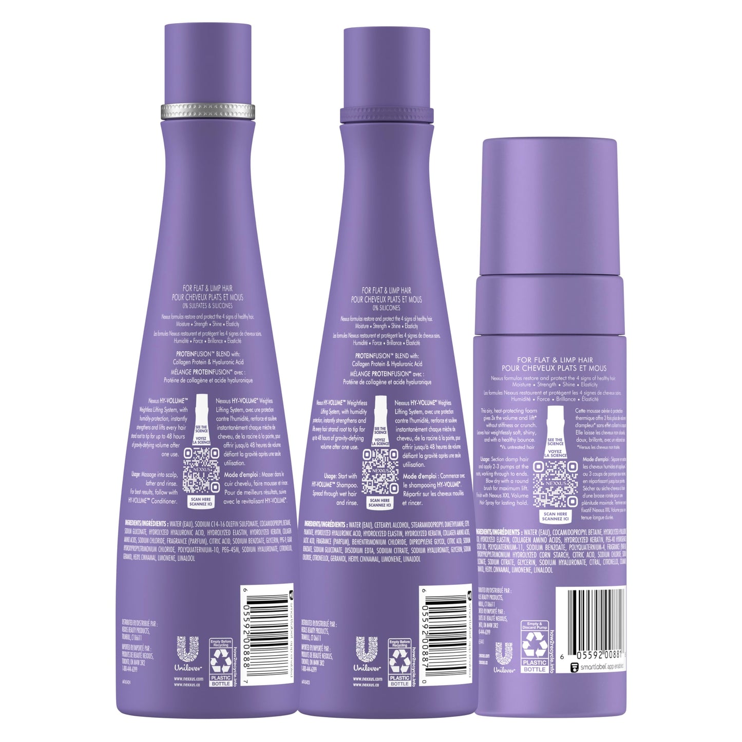 Nexxus HY-VOLUME Weightless Lift Shampoo, Conditioner & Foam 3 Pack PROTEIN FUSION with Collagen Protein & Hyaluronic Acid For Flat & Limp Hair for 48