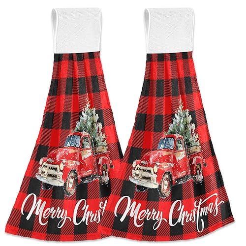 Boccsty Christmas Tree Truck Fingertip Bath Towels 2 Pcs New Year Red Black Plaid Tartan Hanging Kitchen Hand Towel Absorbent Dish Cloths…