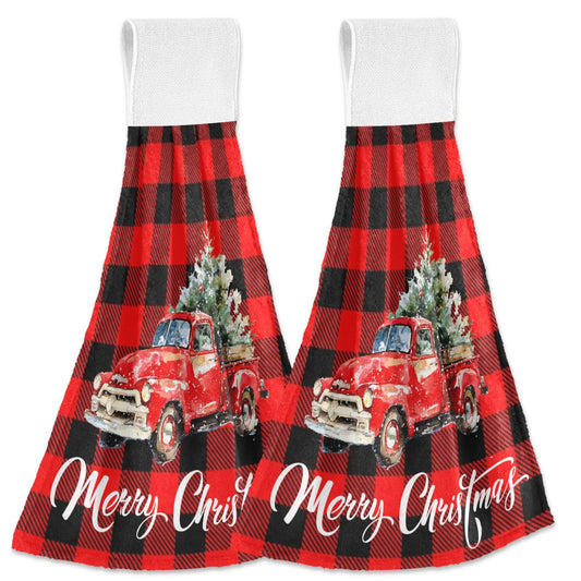 Boccsty Christmas Tree Truck Fingertip Bath Towels 2 Pcs New Year Red Black Plaid Tartan Hanging Kitchen Hand Towel Absorbent Dish Cloths…