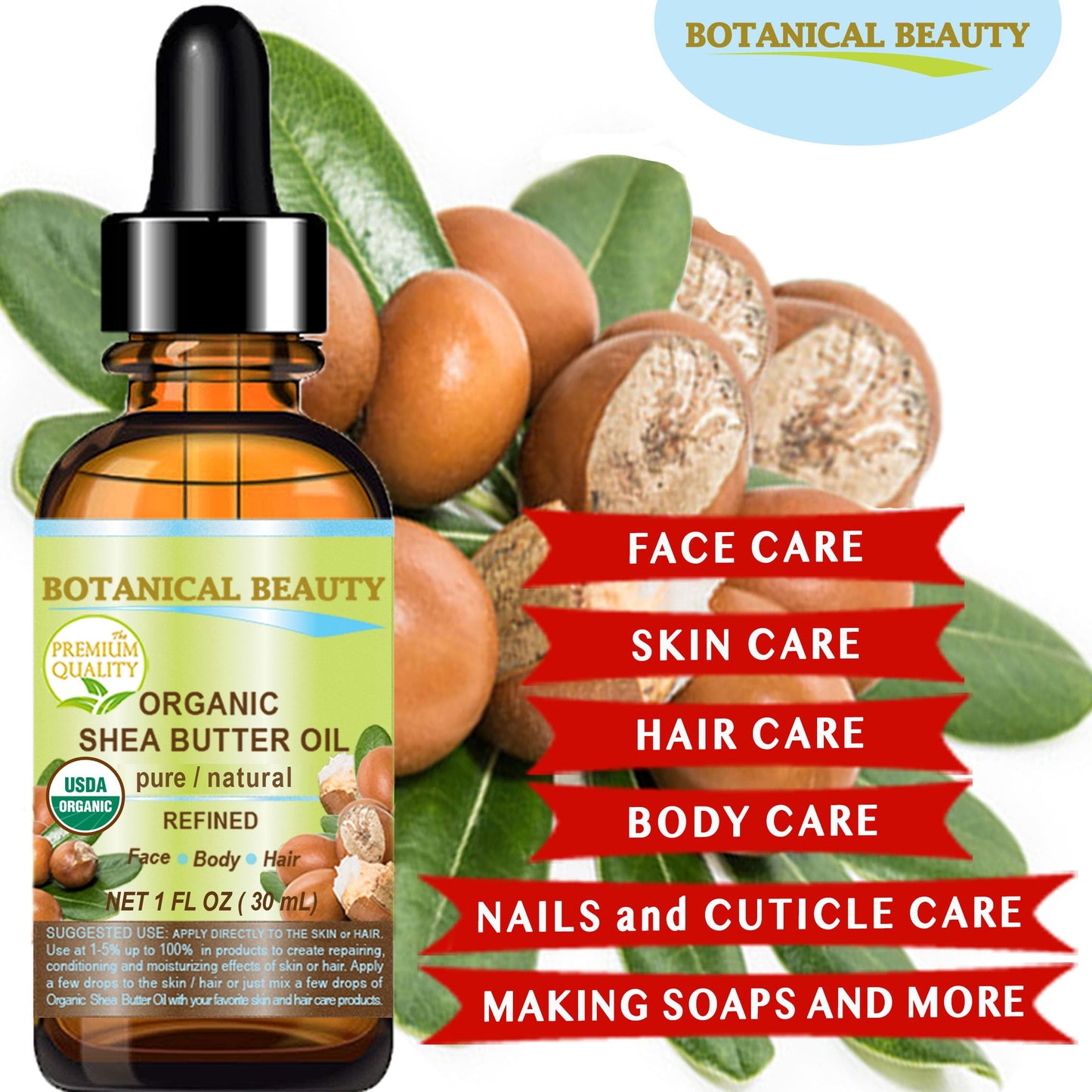 Botanical Beauty Organic SHEA BUTTER OIL 100% Pure Natural Undiluted Refined Cold Pressed Carrier Oil for Face, Skin, Hair, Lip, Nails. African Shea