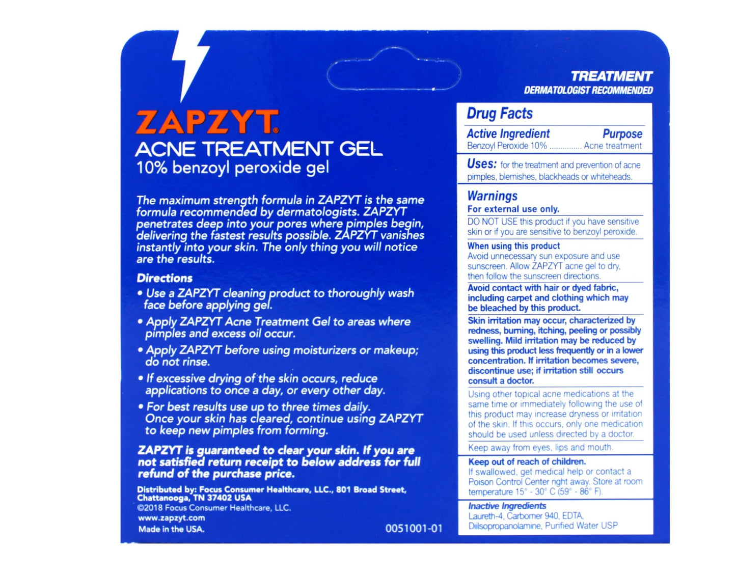 Zapzyt Maximum Strength 10% Benzoyl Peroxide Acne Treatment Gel 1 oz.