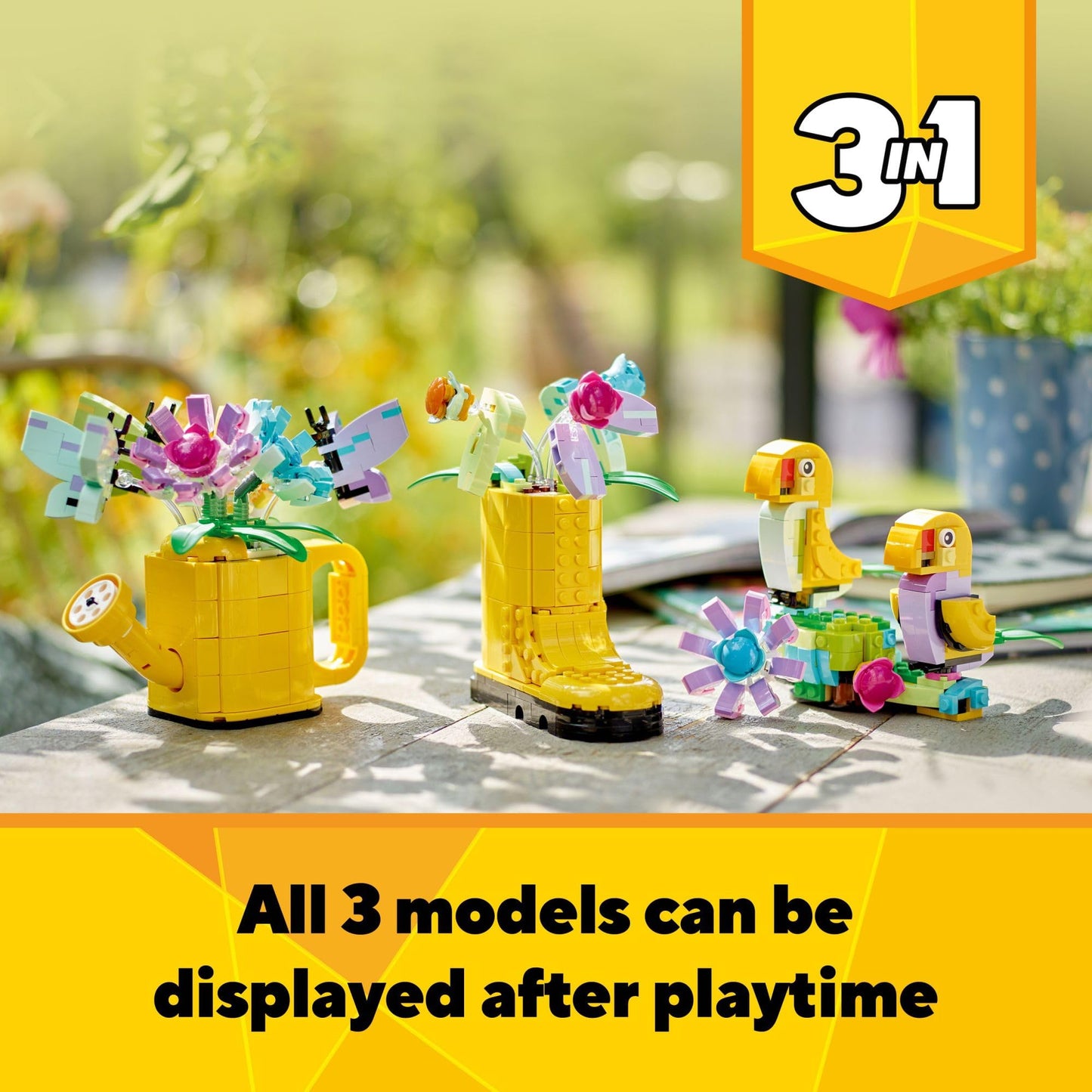 LEGO Creator 3 in 1 Flowers in Watering Can 31149, Buildable Toy Set for Kids Ages 8+, Rebuild into Rain Boots or Birds, Fun Creative Gift