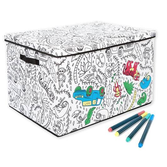 Baum - Kid's Medium Coloring Lidded Trunk, Includes Removeable Divider & 4-Pack Washable Markers, Home Organization (Jungle Print)
