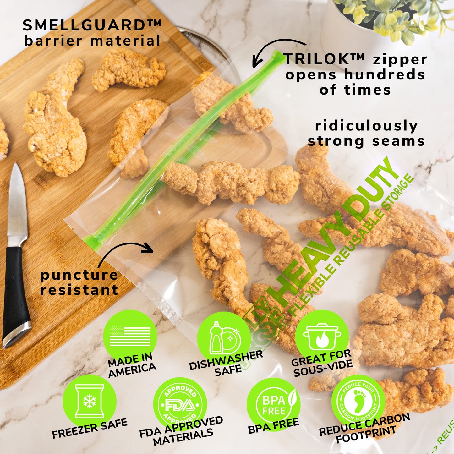 Smelly Proof REUSABLE STORAGE BAGS, Extra Large HEAVY DUTY 5-mils US-Made, BPA FREE, NO PEVA, Dishwasher-Safe Reusable Freezer Bags Triple Zip CLEAR…