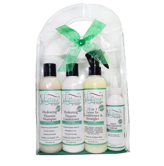 Nzuri Solutions Hair Regimen Hydrating Shampoo 8oz, Hydrating Vitamin Conditioner 8oz, 12 in 1 Leave in Conditioner and Detangler 8oz, Crazy Hair