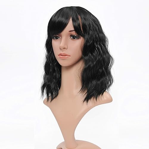 VCKOVCKO Bob Wave Wig With Air Bangs Natural Black Natural Curly Wavy Short Bob Wigs Women's Shoulder Length Wigs Synthetic Cosplay for Girl Colorful