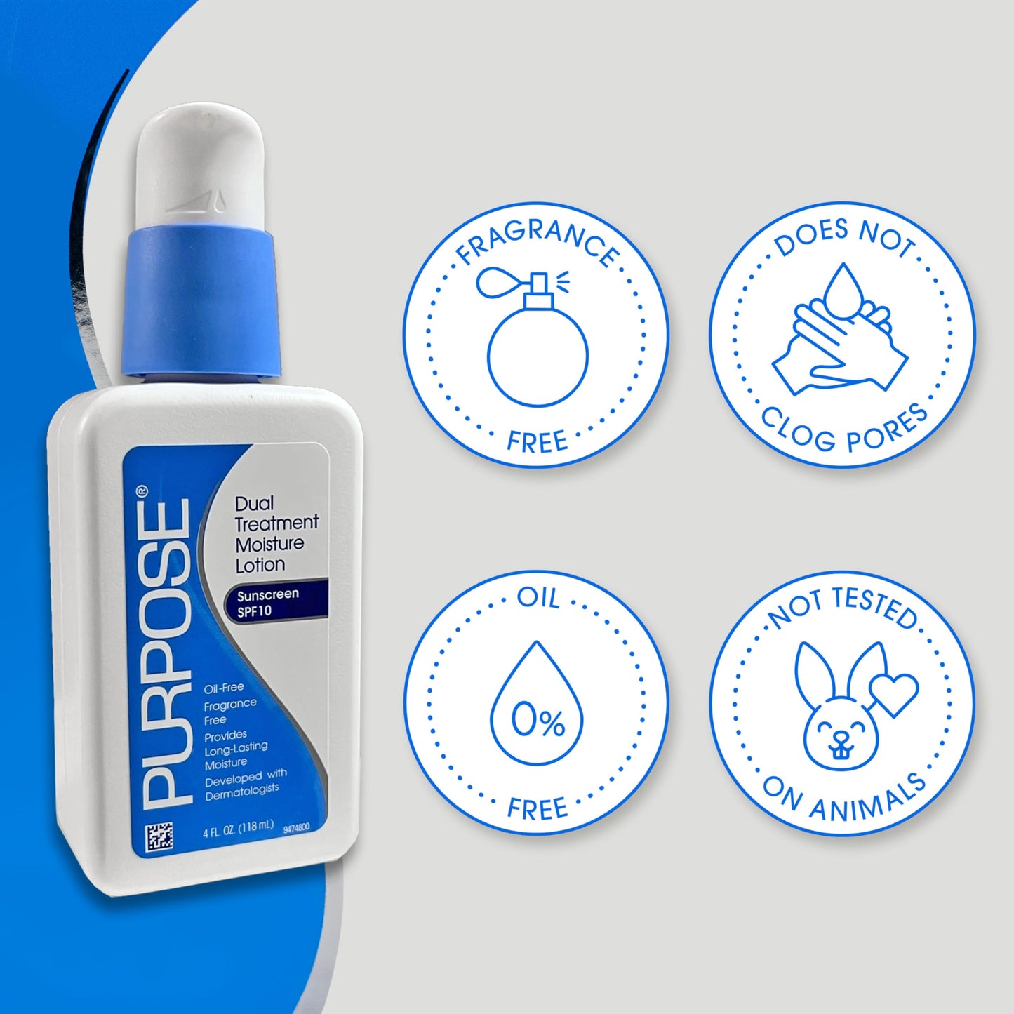 Purpose Dual Treatment Moisture Lotion with SPF 10 - Oil-Free, Fragrance-Free Daily Moisturizer for Sensitive Skin - 4 Fluid Oz.