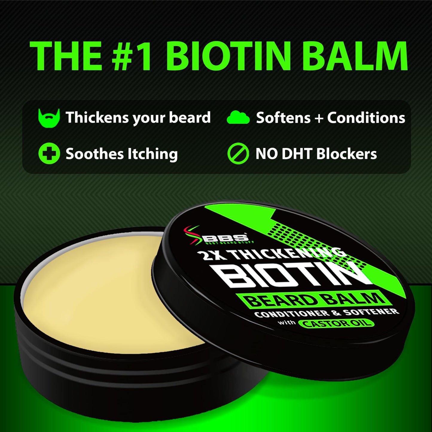 Biotin Beard Balm for Men – 2X Thickening Mustache & Beard Wax with Castor Oil & Meadowfoam, Hydrating Growth Balm & Leave-In Conditioner