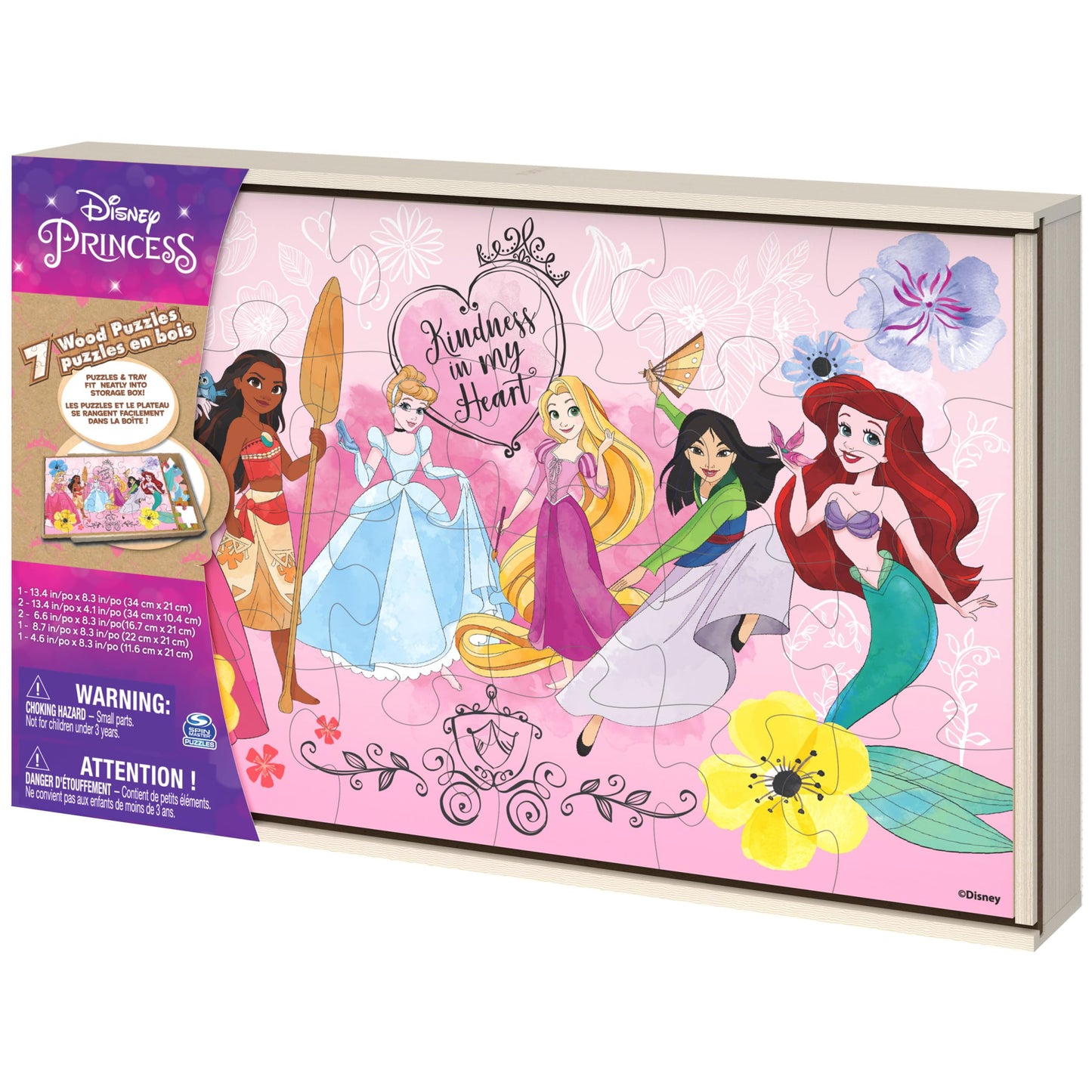 Spin Master Disney Princess Puzzle Set, 7-Pack Jigsaw for Kids Ages 4+, 12/16/24 Piece Puzzles with Ariel, Rapunzel, Tiana & More, Storage Tray