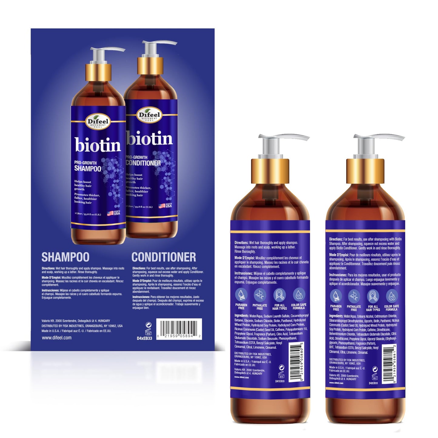 Difeel Elevated Biotin Shampoo & Conditioner LARGE 33.8oz 2-PC Gift Set - Shampoo and Conditioner for Thinning Hair and Hair Loss, Sulfate Free