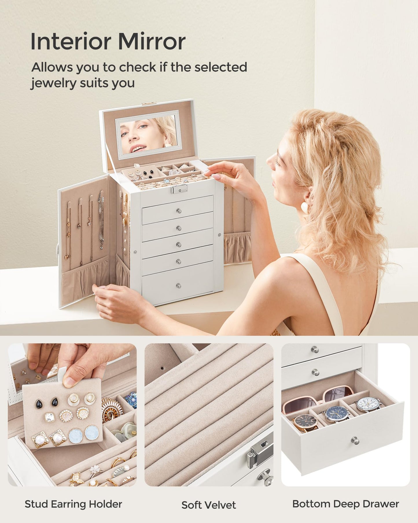 SONGMICS 6 Tier Jewelry Box, Jewelry Storage Organizer with 5 Drawers, Large Storage Capacity, with Mirror, Lockable, Jewelry Case, Gift for Loved…