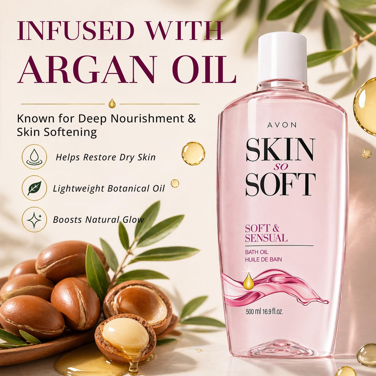 AVON Skin So Soft Soft & Sensual Bath Oil with Argan- Moisturizing Shower Oil for Dry Skin - Hydrating in & After-Shower Care for Women & Men -Non Beauty and Personal Care AVON