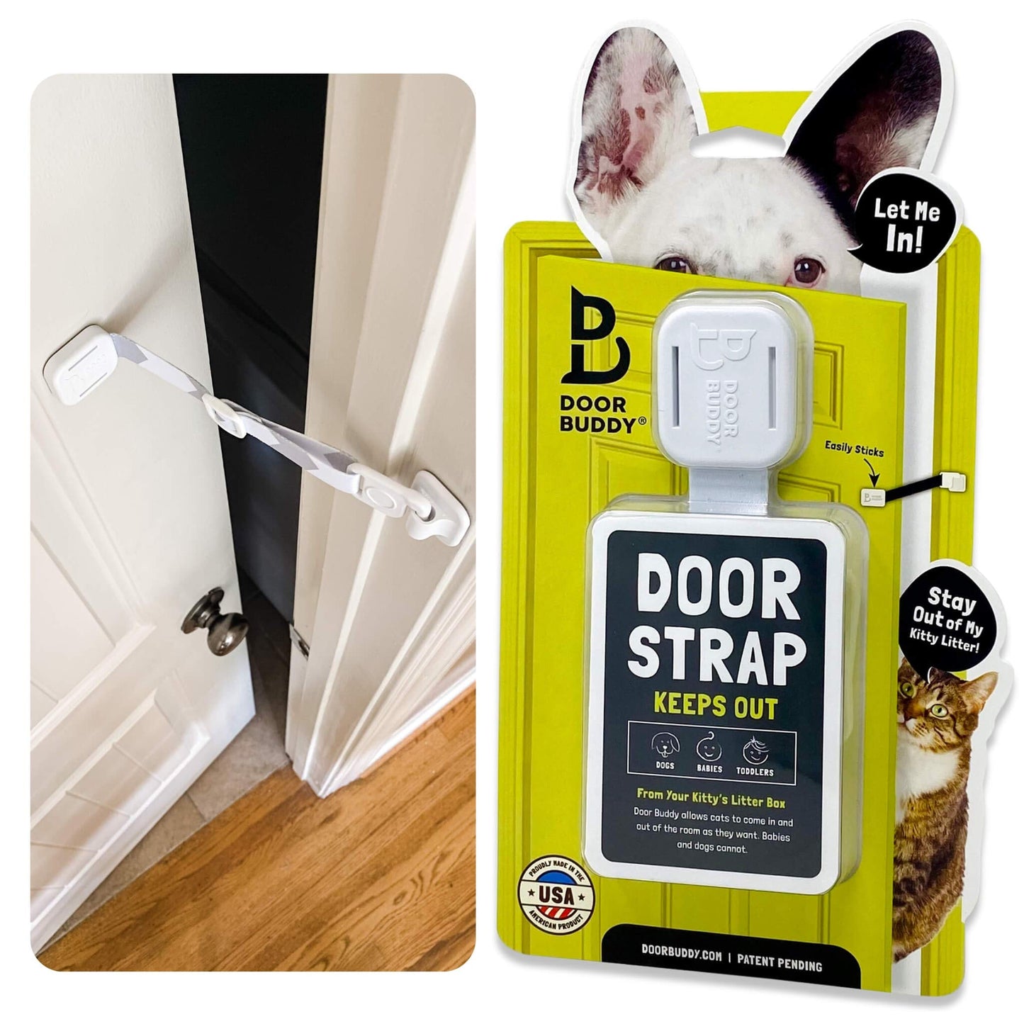 Door Buddy Adjustable Pet Door Latch – Grey Cat Door Strap, Dog-Proof Litter Box & Feeding Area Access, Fits Most Interior Doors