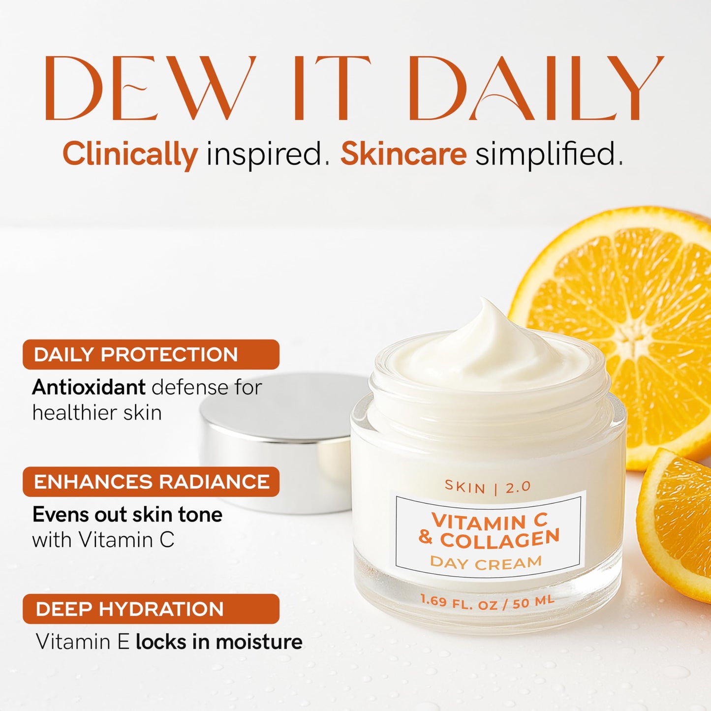 Skin 2.0 Vitamin C & Collagen Face Moisturizer - Dermatologist Tested, Anti-Aging, Skin Tightening - Brightening, Clean Beauty, Cruelty-Free, Korean