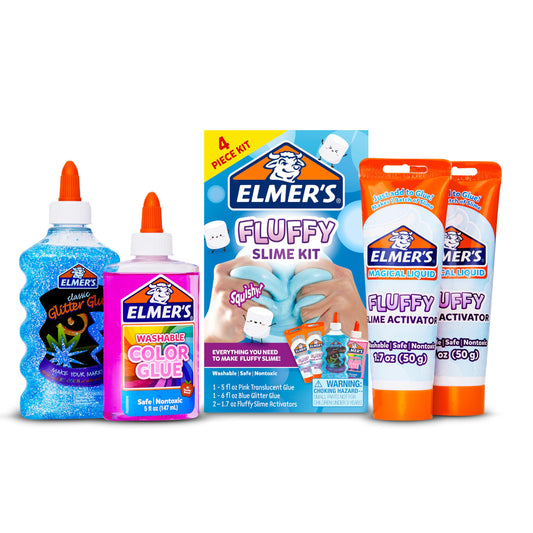 Elmer’s Fluffy Slime Kit, Includes Translucent Color Glue, Glitter Glue, Fluffy Slime Activator, 4 Count - Perfect for Parties, Gift, Activity Time