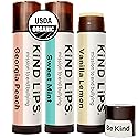 Kind Lips Organic Lip Balm Variety 3-Pack - Sweet Mint, Vanilla Lemon & Georgia Peach • 100% Natural, Clean, Gluten-Free, Grain-Free • Moisturizing