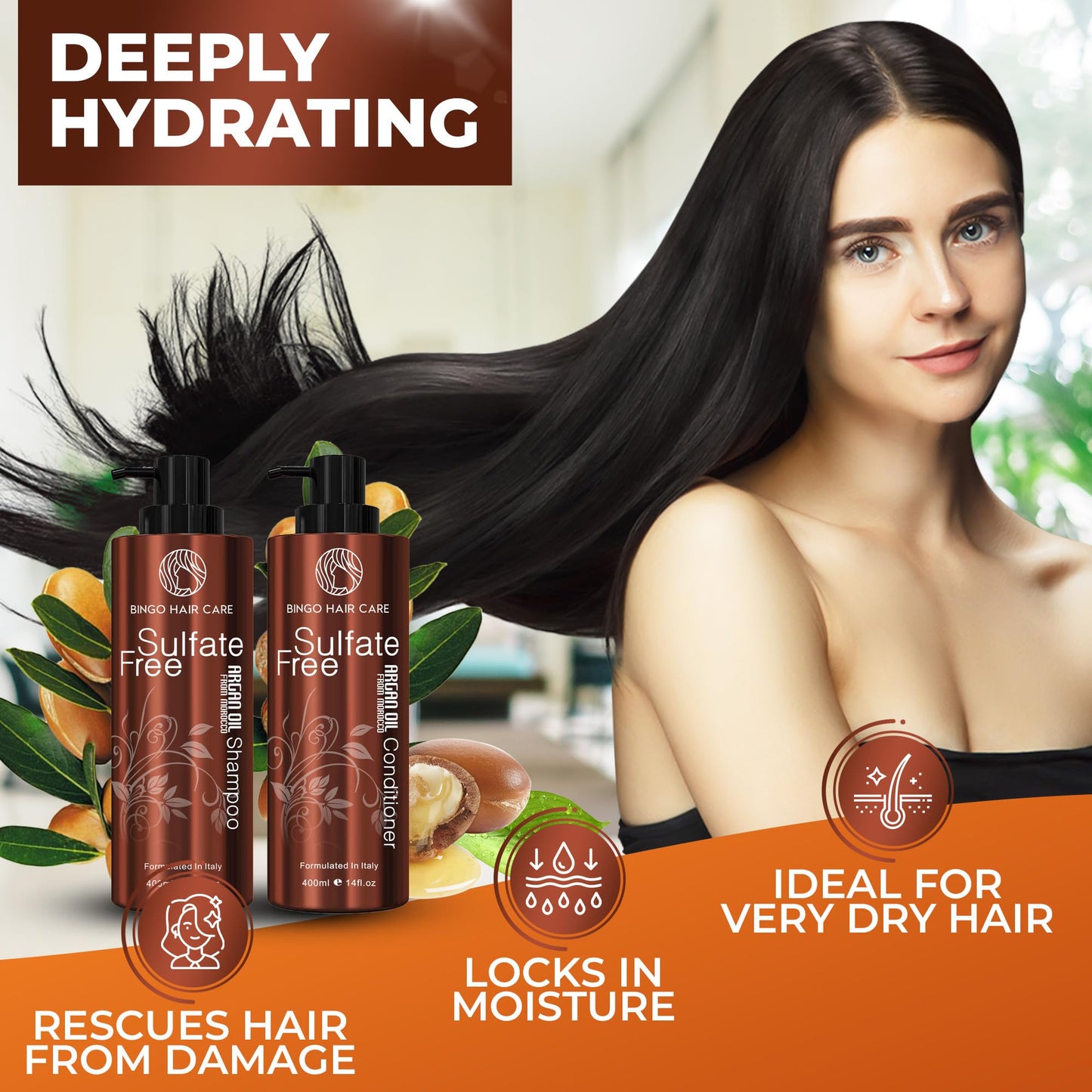 Moroccan Argan Oil Shampoo and Conditioner Set - Sulfate Free, Anti Frizz Hydrating Care for Women - Deep Moisturizing Treatment for Color, Keratin Beauty and Personal Care BINGO HAIR CARE