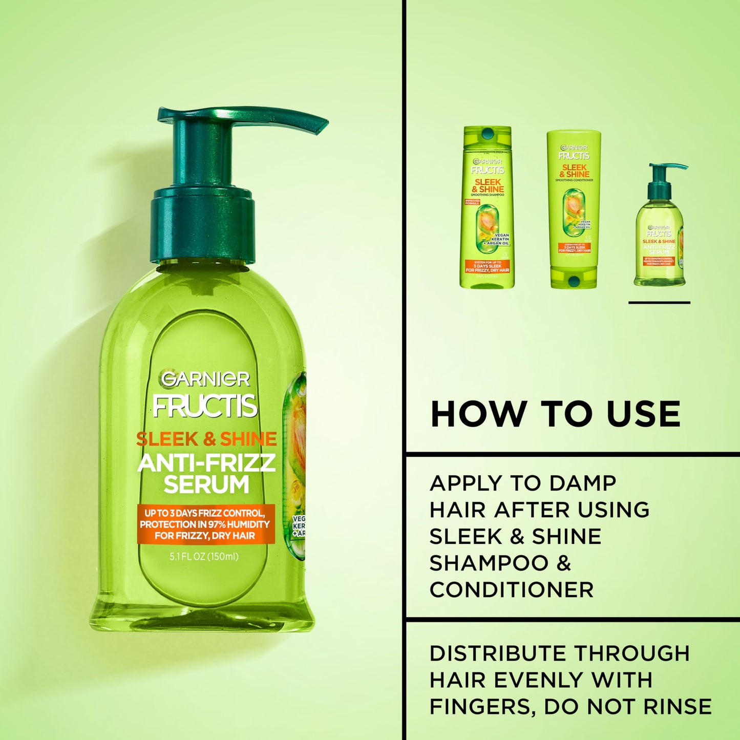 Garnier Fructis Sleek & Shine Anti-Frizz Serum, Leave-In Hair Treatment with Vegan Kera System + Argan Oil, Up to 72HR Frizz Control and Humidity