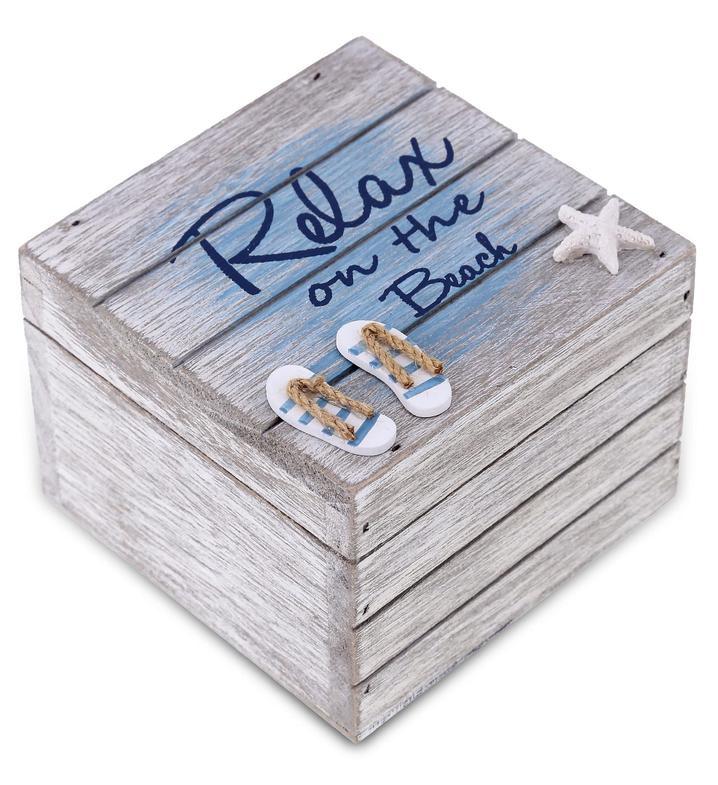CoTa Global Aqua Sky Relax Wooden Box - Medium Handcrafted Nautical Trinket with Sandals and Starfish Decoration, Accent Tabletop Home Decor, Beach…