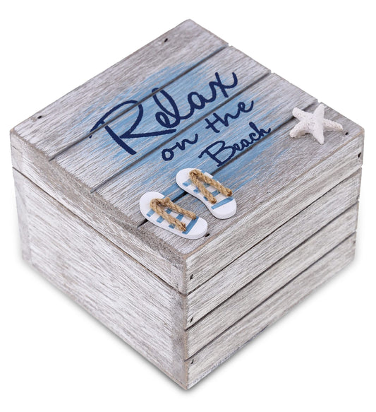 CoTa Global Aqua Sky Relax Wooden Box - Medium Handcrafted Nautical Trinket with Sandals and Starfish Decoration, Accent Tabletop Home Decor, Beach…