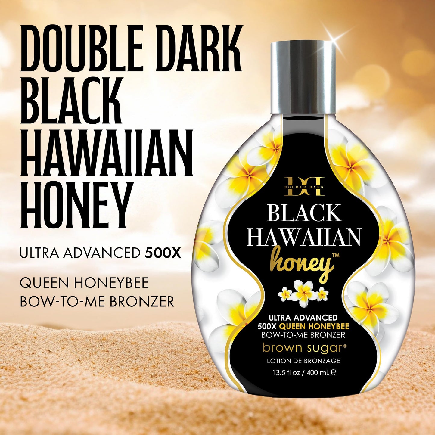 Brown Sugar Double Dark Black Hawaiian Honey Tanning Lotion, Ultra Advanced 500X Black Bronzer with Queen Honeybee Complex & Hawaiian Extracts, 13.5