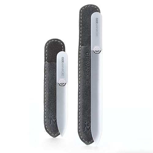 GERMANIKURE 2 Pc Gray Glass Nail File Set with Suede Sleeves - Fingernail File & Small Travel Nail File - Professional Manicure & Pedicure Kit