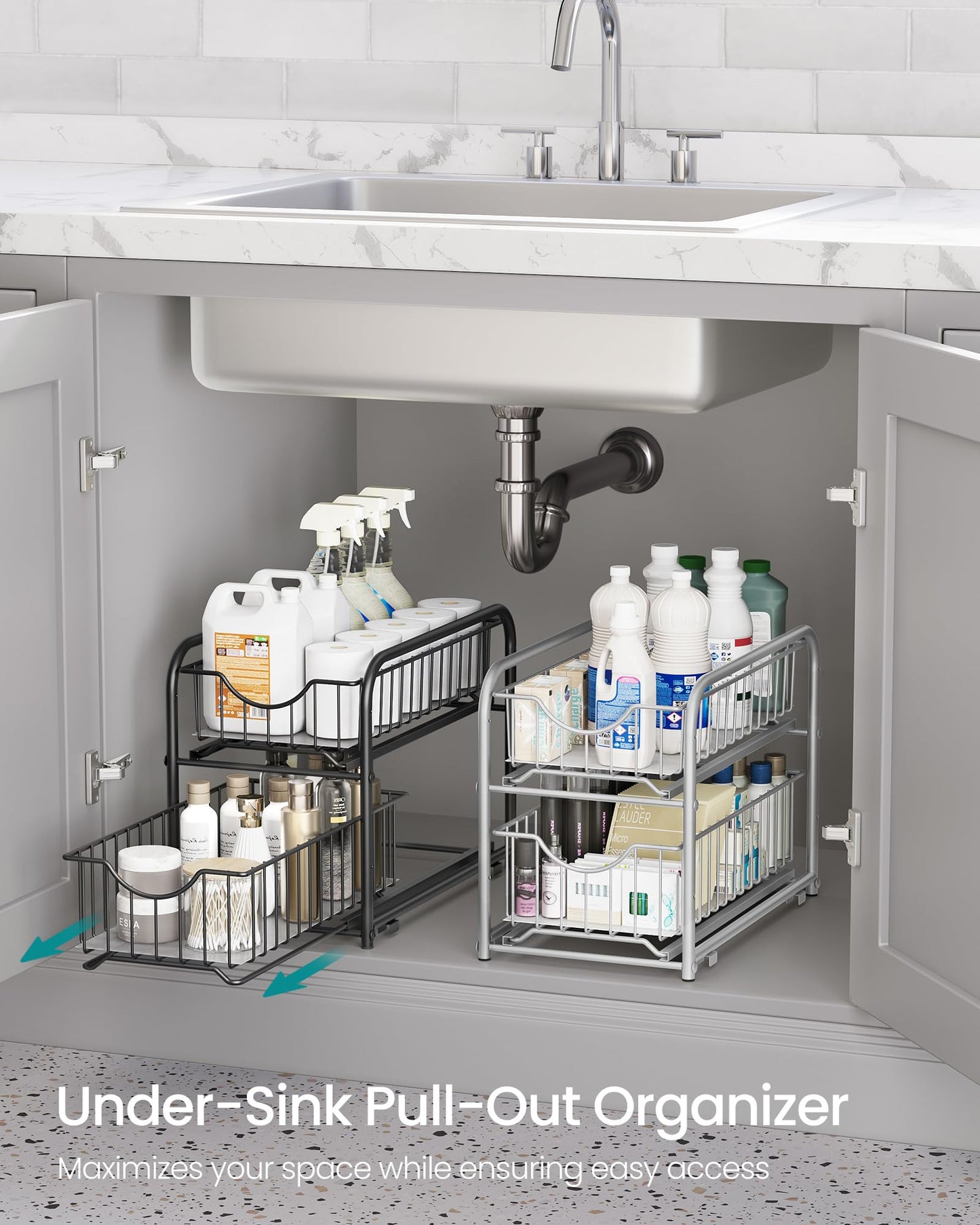 SONGMICS 2-Tier Pull Out Cabinet Organizers, Under Sink Organizer, Bathroom Organizer and Storage, Sliding Basket Drawers, Stackable for Kitchen…