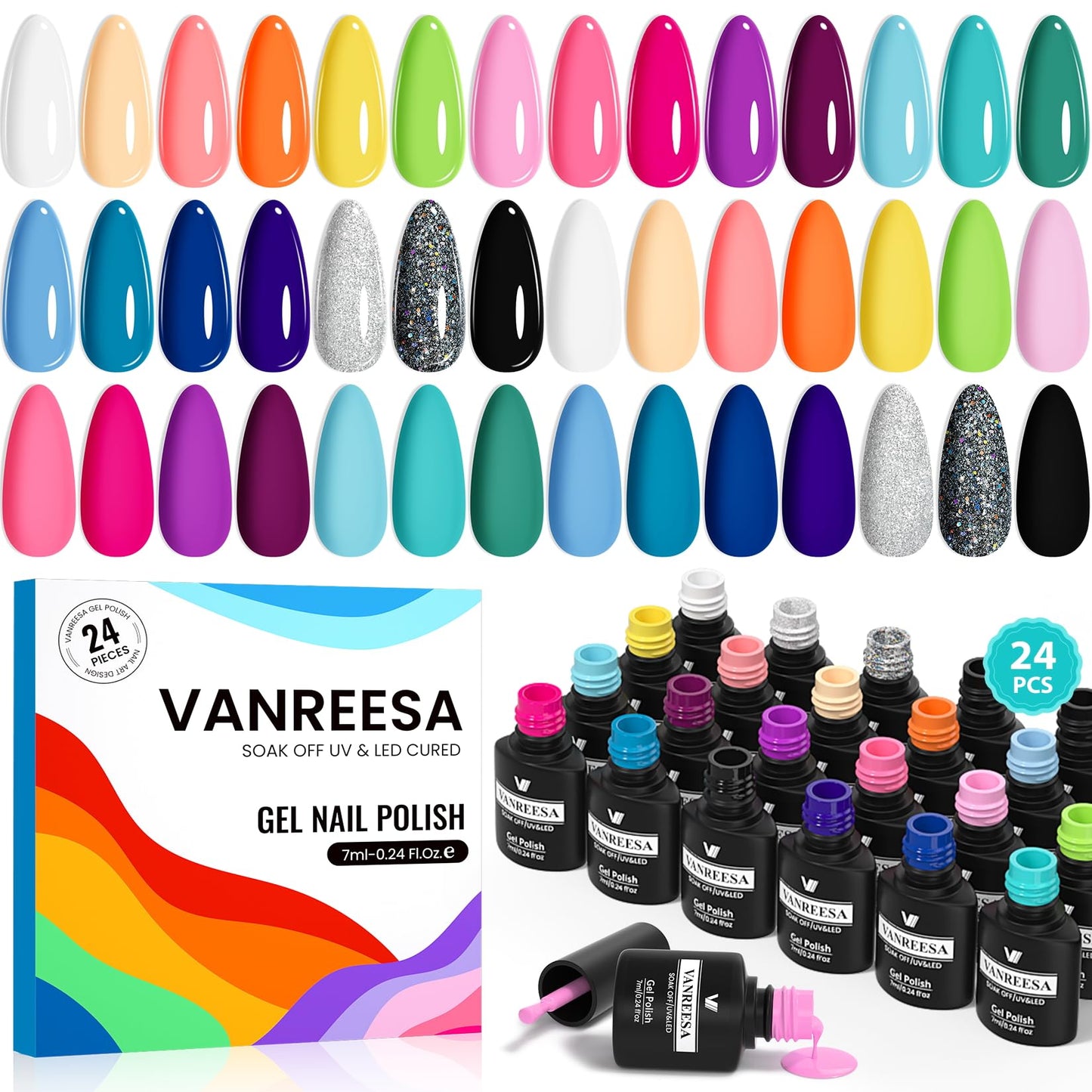 VANREESA 24 Pcs Gel Nail Polish Set, 21 Colors Gel Polish with Base Coat Glossy & Matte Top Coat Pink Orange Yellow Green Purple Blue Glitter Gel Beauty and Personal Care VANREESA Default Title