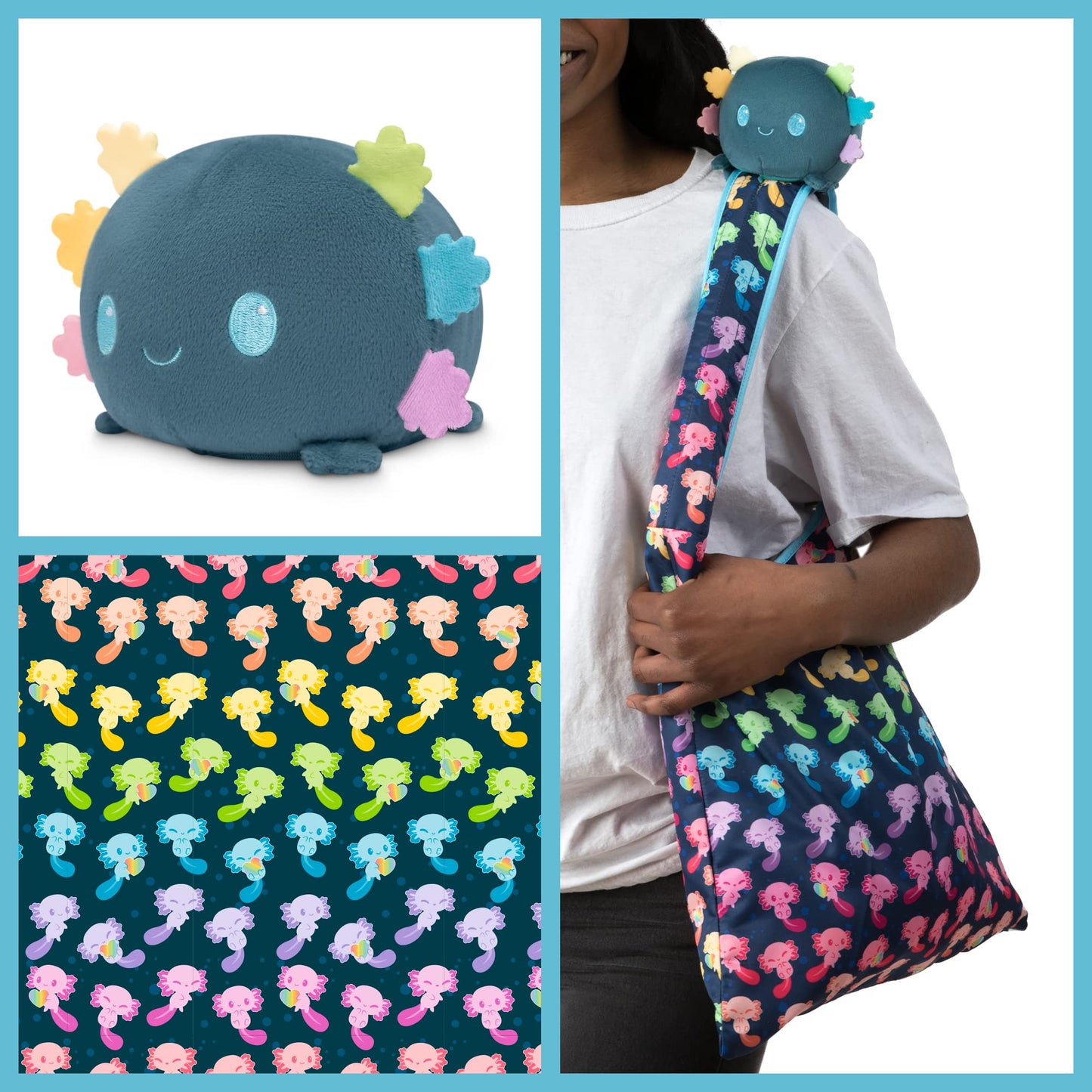 TeeTurtle - Plushie Tote Bag - Blue + Rainbow Axolotl - From the creators of the Original Reversible Octopus Plushie - Take Your Plush Pal Wherever…