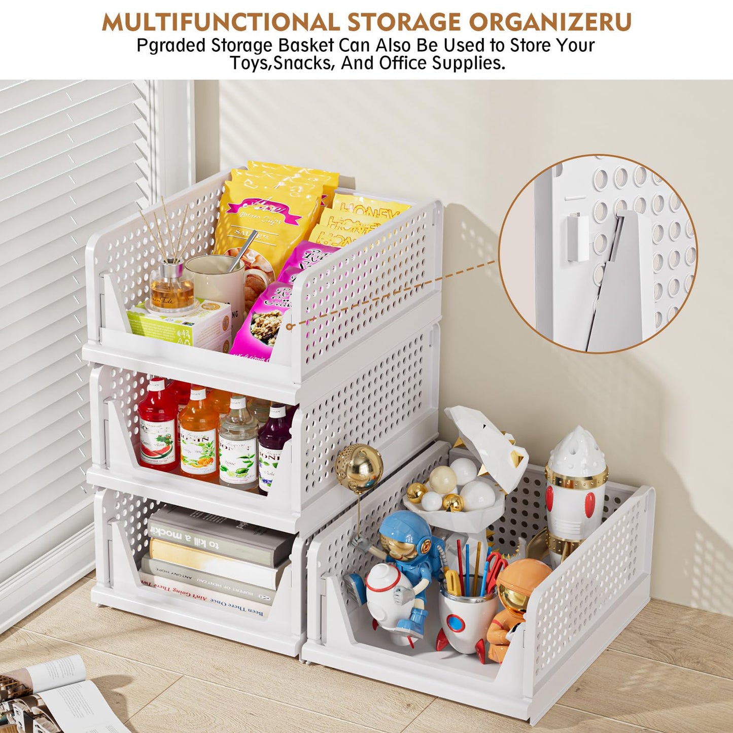 SNSLXH 5-Pack Stackable Storage Baskets – Foldable Closet Organizer for Bathroom, Kitchen, Laundry & Wardrobe – White, Space-Saving
