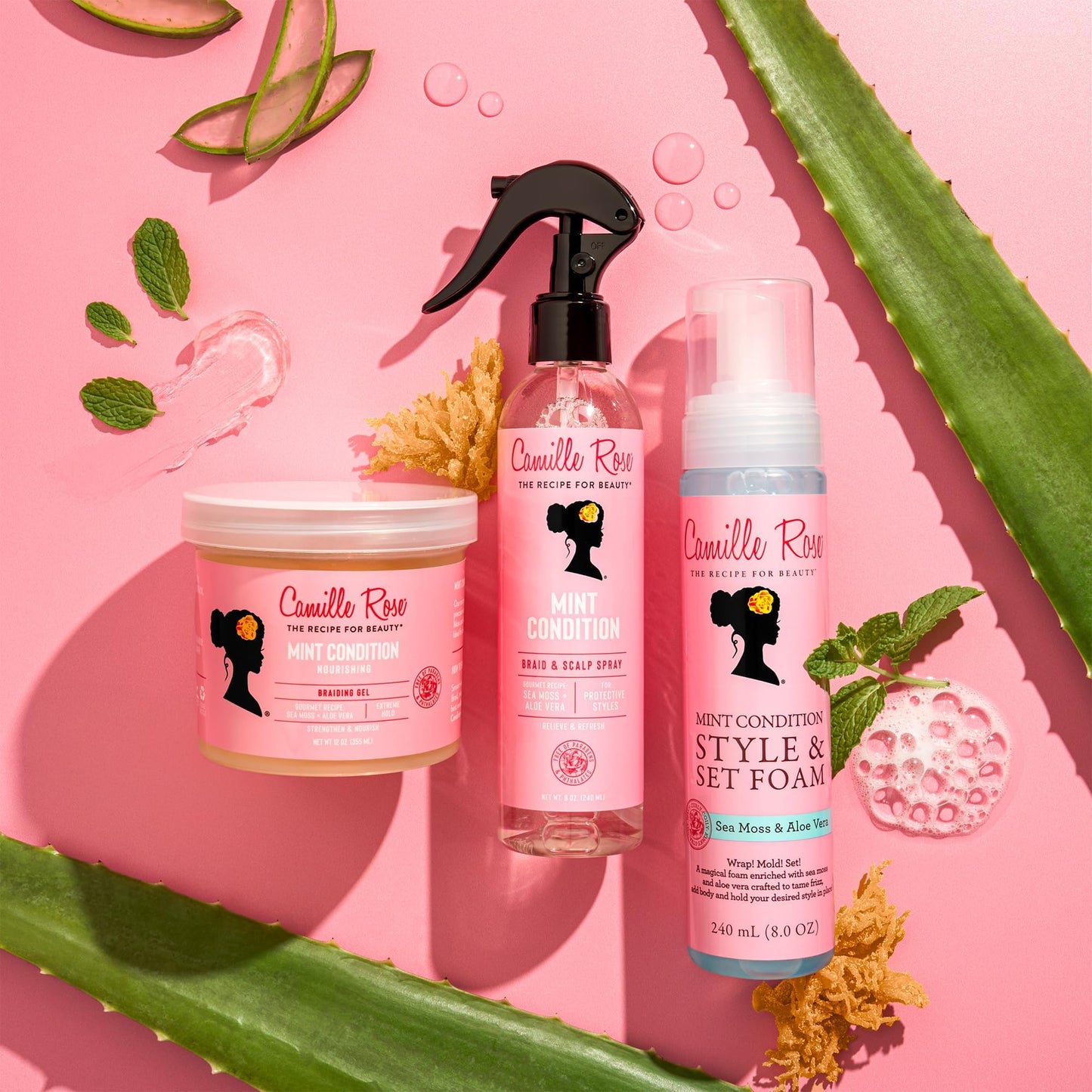 Camille Rose Style & Set Foam, Mint Condition - Sea Moss & Aloe Vera Hair Styling Mousse, Curl Defining, Volumizing + Frizz Control, 8 Oz