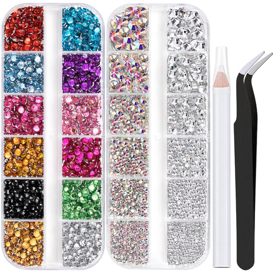 Two Packs of Flatback Rhinestones 4520 Pcs Crystal, Colorful Rhinestones for Nails, Multicolored+ AB+Transparent White Gems with Picker Tools