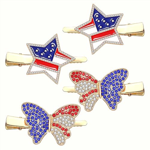 4th of July Patriotic Hair Clips Rhinestone American Flag Star Heart Bows Alligator Metal Clips Crystal Red White and Blue USA Independence Day