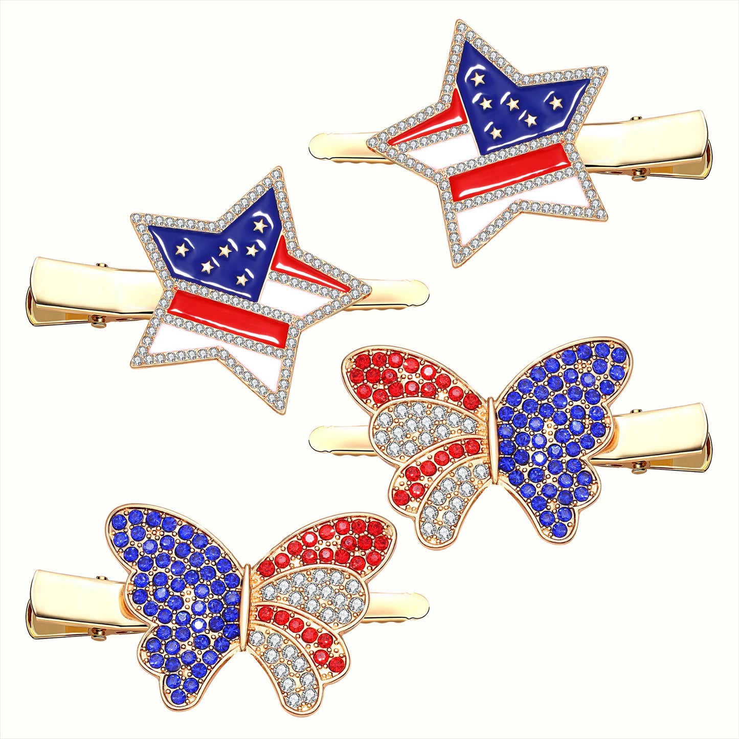4th of July Patriotic Hair Clips Rhinestone American Flag Star Heart Bows Alligator Metal Clips Crystal Red White and Blue USA Independence Day