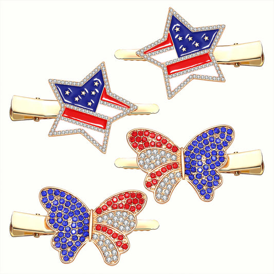 4th of July Patriotic Hair Clips Rhinestone American Flag Star Heart Bows Alligator Metal Clips Crystal Red White and Blue USA Independence Day