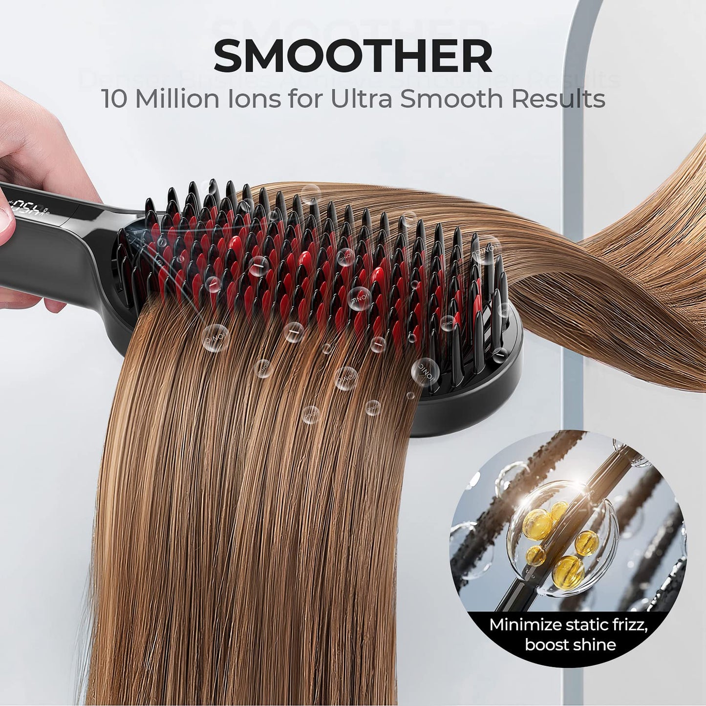 TYMO Hair Straightener Brush - Upgraded Ionic Plus Straightening Brush with Dense Bristles, 16 Temps, Dual Voltage | Ceramic Hot Comb for Women | Flat