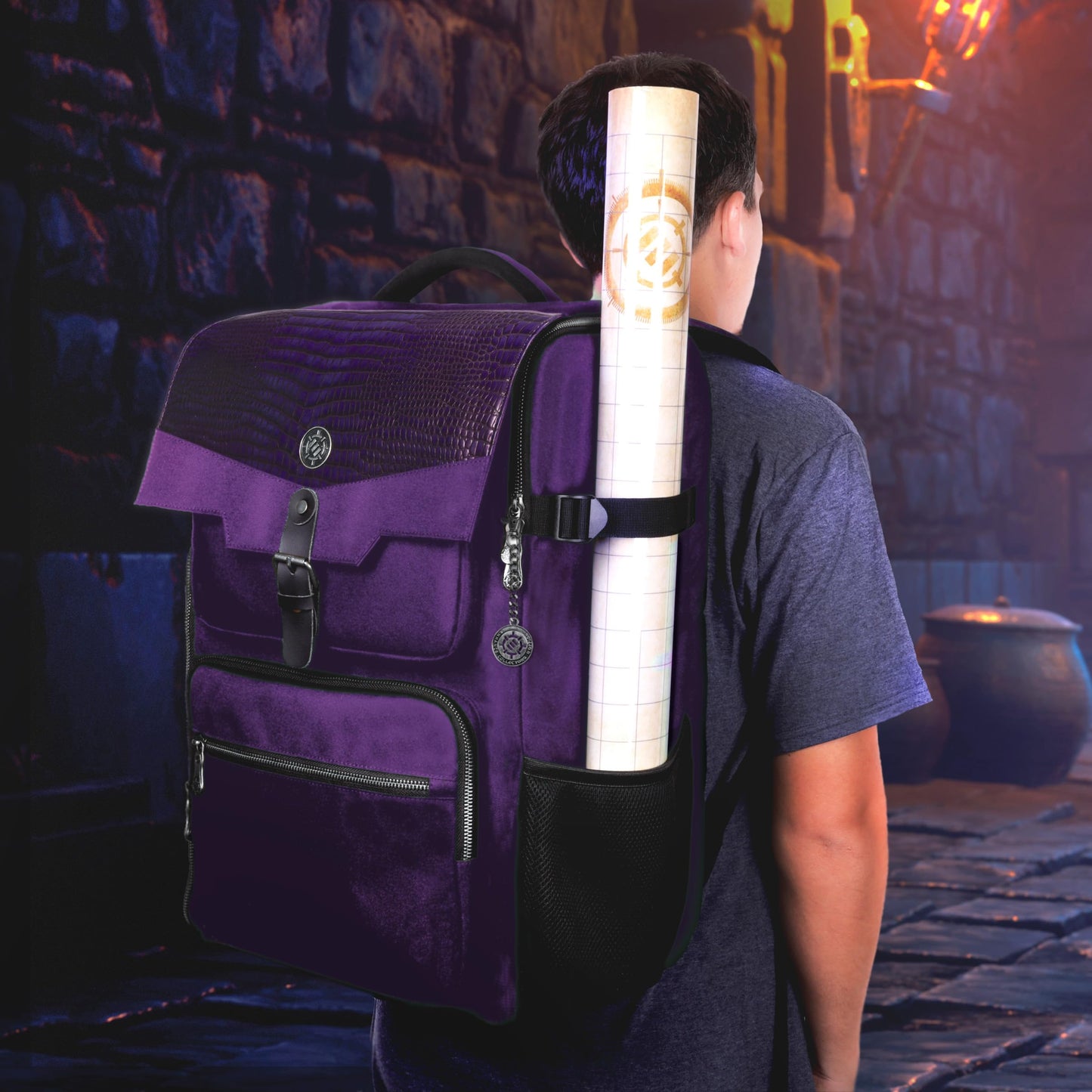 ENHANCE Collector's Edition DnD Backpack - RPG DM Bag for Dungeons and Dragons - DnD Bag fits 6-8 Books, 18" Laptop/DM Screen Slot, Miniature Foam Trays, Accessory Pockets, Map Strap (Dragon Purple)