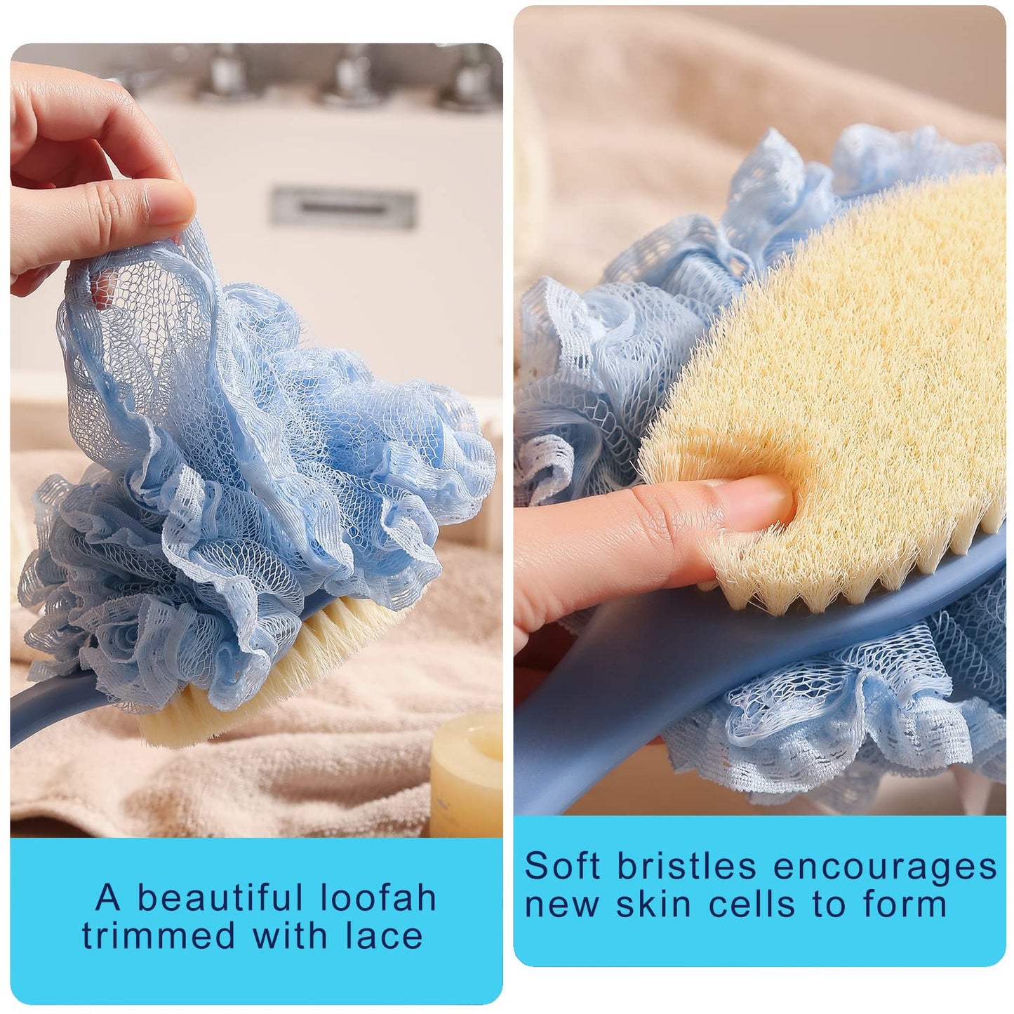 Back Scrubber Brush,TEGOOL Body Bath Shower Brush with Bristles and Loofah/Mesh Sponge,16 Inches Long Handle Built-in TPR Material Non-Slip