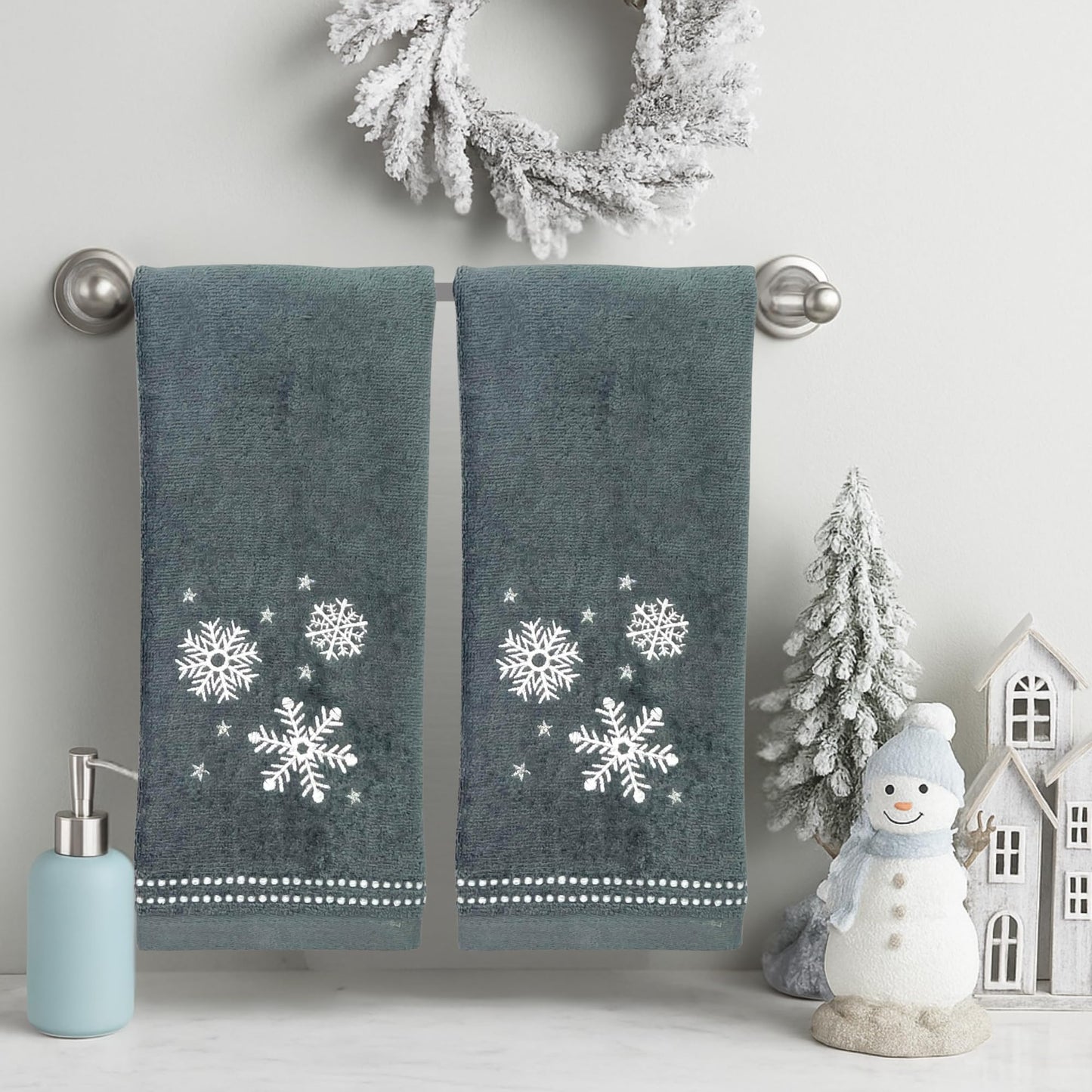Serafina Home Christmas Hand Bathroom Towels, Set of 2, Embroidered Snowflakes and Stars, Dark Grey Velour Terry Cotton 16" x 25", Winter Holiday…