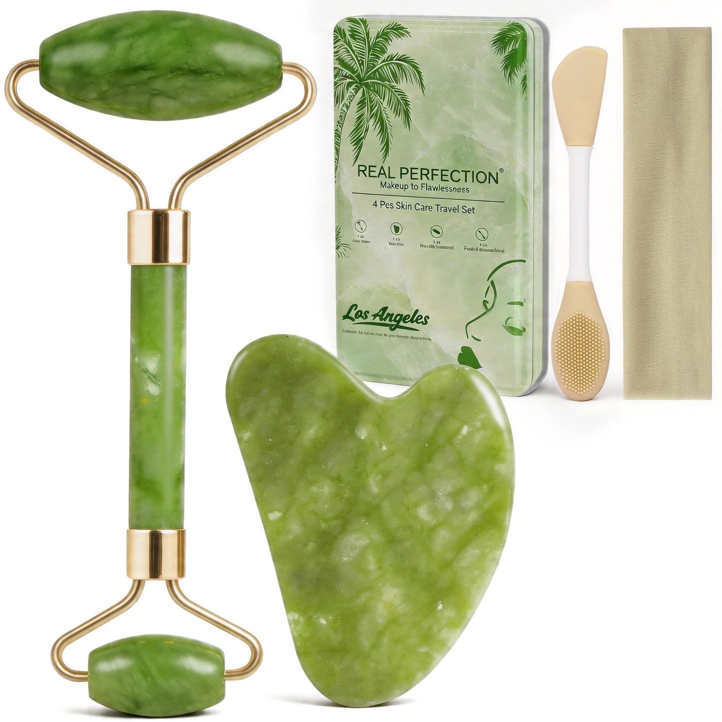 Real Perfection Gua Sha Facial Tools Face Roller for Wrinkles Jade Roller and Gua Sha Set, Scrubber Pore Brush Headband Skin Care Tools for Travel Beauty and Personal Care Real Perfection Default Title