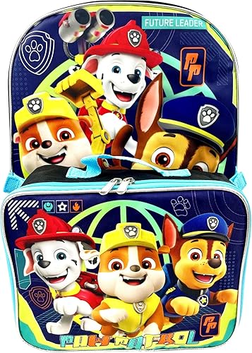 Ruz Paw Patrol Boy's 16 Inch Backpack With Removable Matching Lunch Box Set (Black-Blue)