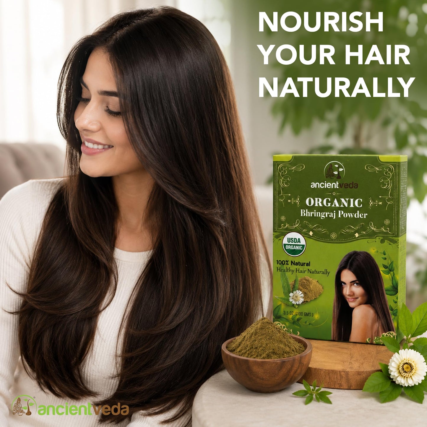 Ancientveda Bhringraj Powder, Non-GMO & Gluten Free, 100% Antioxidants Organic Hair Growth Treatment, Reduce the Appearance Hair Cleansing, Wrinkles