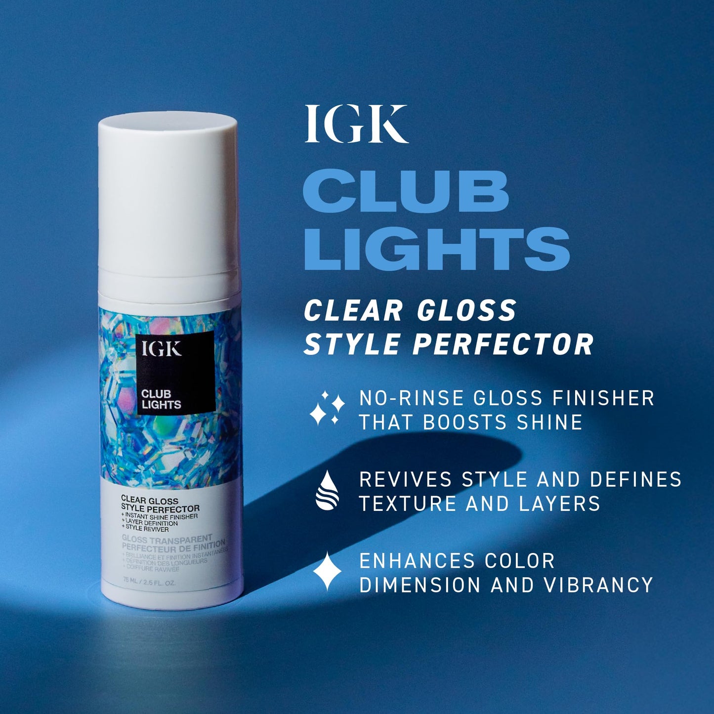 IGK Club Lights Clear Gloss Instant Shine Style Perfector, Instant Shine Finisher & Style Reviver, 2.5 Fl oz