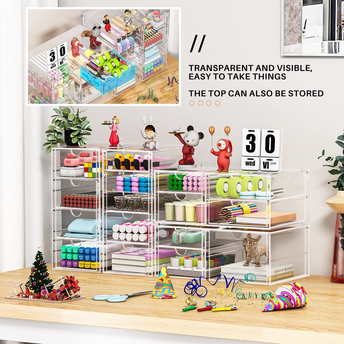 Caktraie Makeup Organizer with 16 Drawers – 4-Piece Clear Desk Storage for Makeup, Jewelry, Pens & Stationery – Dustproof & Durable