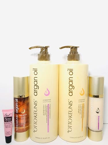 OTTO KEUNIS argan oil 5+ Hydrating shampoo 33.8oz, Conditioner 33.8oz., Hair serum 3.38 oz., Shine Spray 3.38 oz "Free Starry Sexy Kiss Lip Plumping