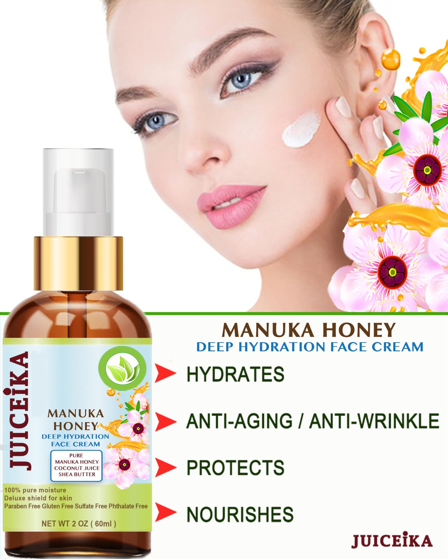 Juiceika MANUKA HONEY Deep Hydration Face Cream Face Moisturizer. Manuka Oil, Aloe Vera, Shea Butter, Coconut Oil, Jojoba Oil, Squalane, Hyaluronic