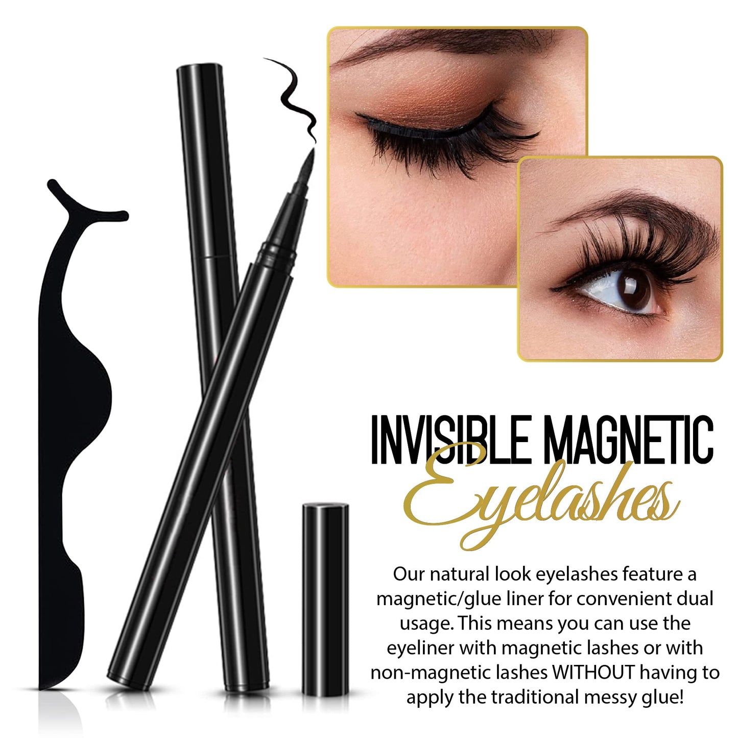 Invisible Magnetic Eyelashes and Eyeliner Kit- 10 Pairs Natural Look False Lashes With 2 Magic Magnetic Eyeliner Pens and Applicator- 3D Reusable