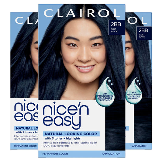 Clairol Nice'n Easy Permanent Hair Dye, 2BB Blue Black | 100% Gray Coverage | Long?Lasting, Natural?Looking Color & Shine | Pack of 3